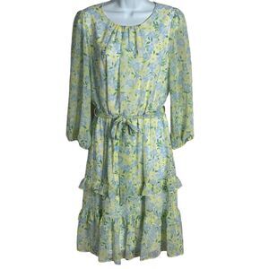 Calvin Klein Tiered Ruffle Dress M Yellow Blue Floral Feminine